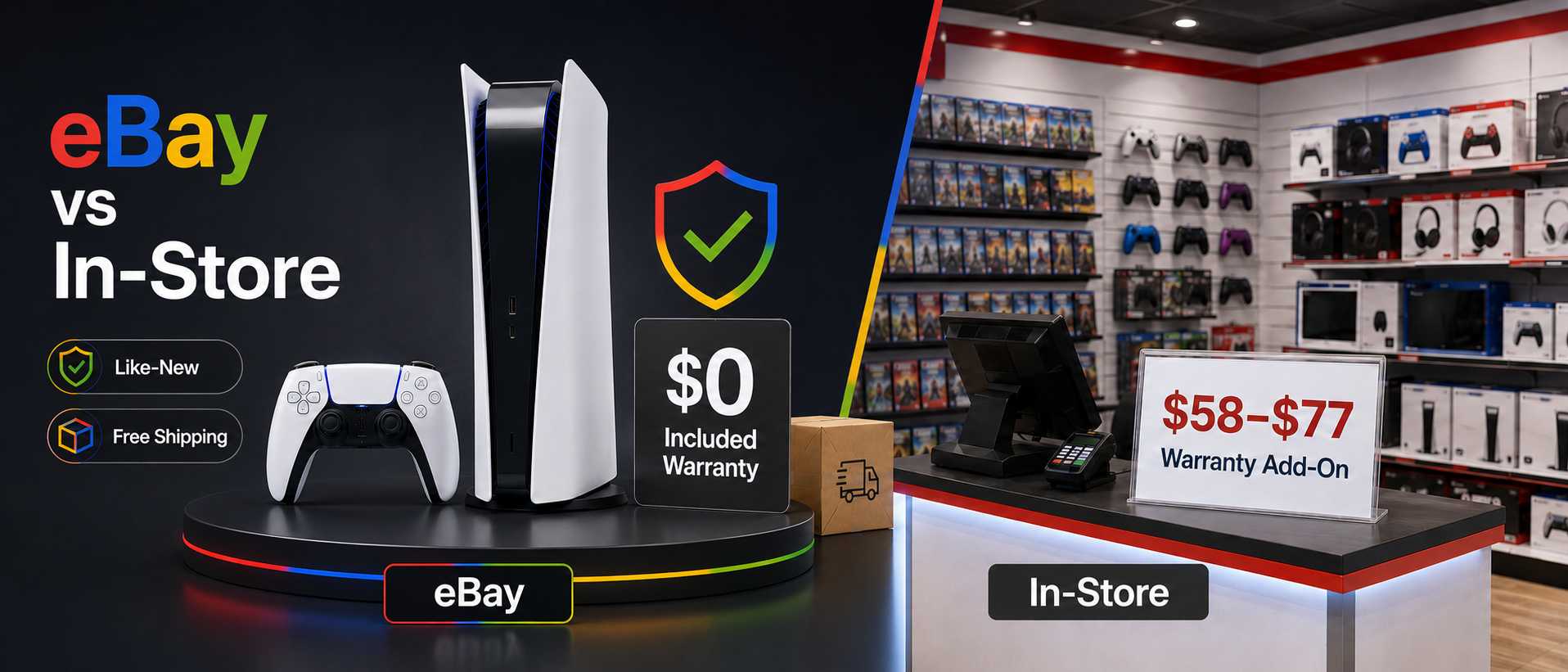 eBay vs in-store: a refurbished PS5 with a $0 included warranty and free shipping on eBay, versus a $58 to $77 warranty add-on at the store.